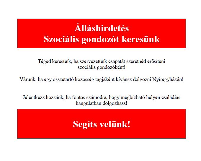 Álláshirdetés Gondozó (személyi segítő) munkatárs betöltésére